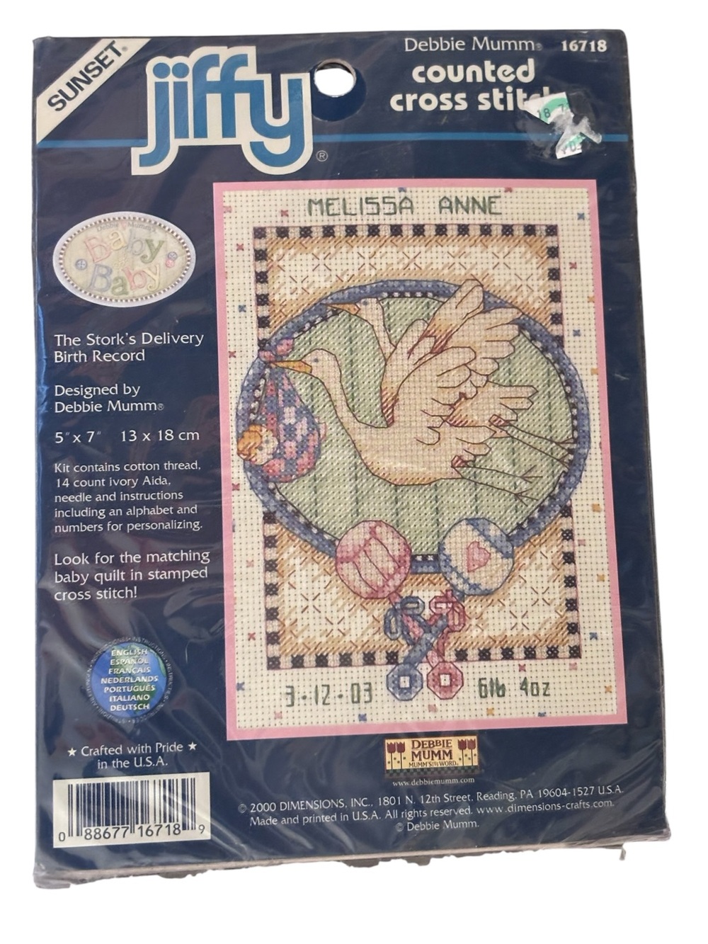Jiffy Vintage Counted Cross Stitch #16718 Debbie Mumm Birth Announcement Stork
